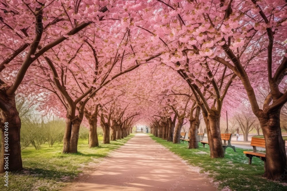 Sakura Cherry blossoming alley. Wonderful scenic park with rows of blooming cherry sakura trees in spring. Pink flowers of cherry tree - obrazy, fototapety, plakaty 