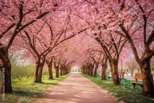 Sakura Cherry blossoming alley. Wonderful scenic park with rows of blooming cherry sakura trees in spring. Pink flowers of cherry tree © Kien
