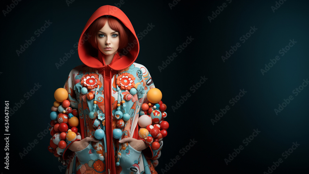 Fashion Frau mit Futuristischer bunter Designer Jacke und Kaputze Porträt, ai generativ Fashion Frau mit Futuristischer bunter Designer Jacke und Kaputze Porträt, ai generativ