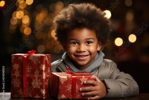Happy smiling african american boy with christmas gift at xmas lights background © netrun78