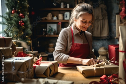 Woman packing bunch of christmas gifts in decorated gift shop. Xmas spirit idea
