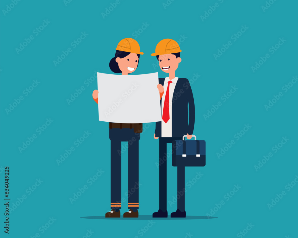 Obraz premium Foreman and Engineer. Discuss draft building concept. Vector illustration in cartoon flat design