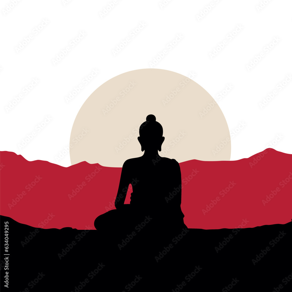 Black silhouette of the Buddha sitting on the mountain. Vector illustration