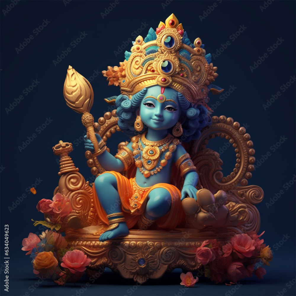 3D rendered cute baby Krishna cartoon illustration - ai generative