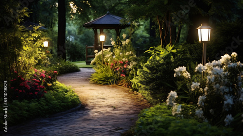 Solar-powered outdoor lighting illuminating a garden pathway, lush garden with flowers and plants. Solar-powered lighting. Integration of solar technology. Banner. Generative Ai content.