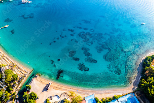 Kemer  Antalya  Turkey. Aerial view of Moonlight Beach in Kemer. Beautiful turquoise colors of Mediterranean sea. Drone shot.