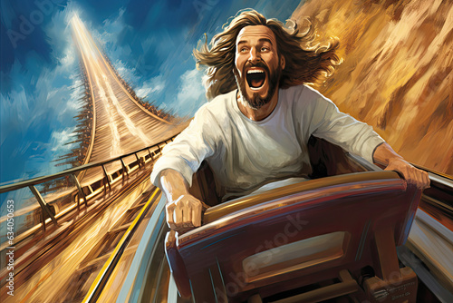 Jesus on a roller coaster having fun, generative ai