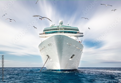 Cruise ship in the blue ocean with seagull