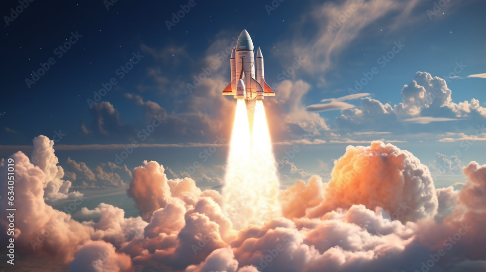 A rocket launch with the contrails of smoke and flame rising into the ...