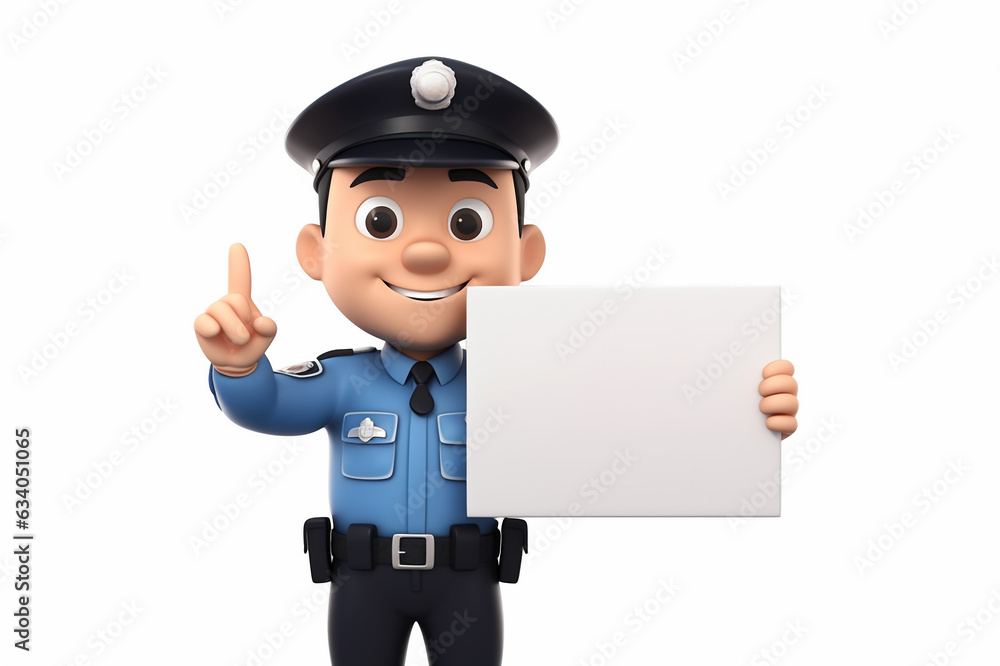 Funny 3D police officer character with blank sheet of paper isolated on white background. Mockup with copy space for text. Generative AI. Funny 3D police officer character with blank sheet of paper isolated on white background. Mockup with copy space for text. Generative AI.