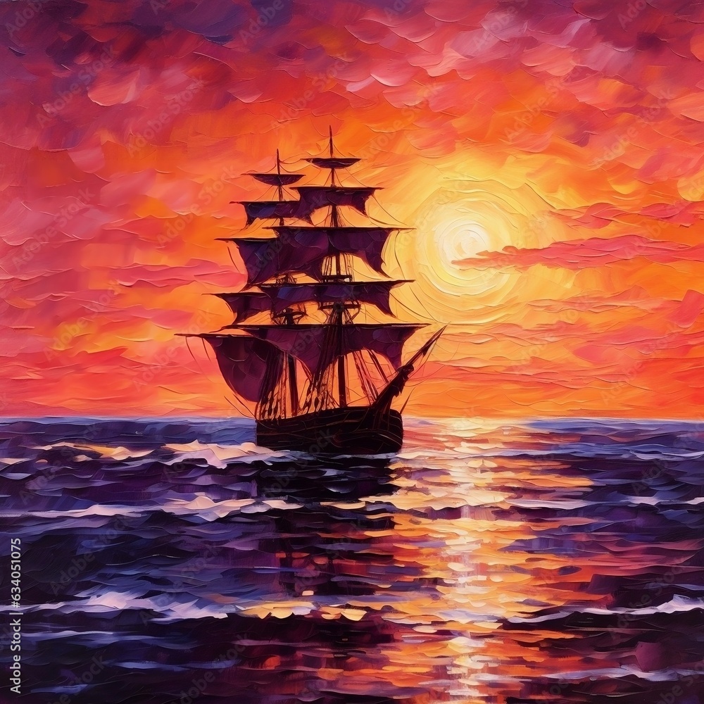Sailing ship in the sunset, painting, orange purple colors