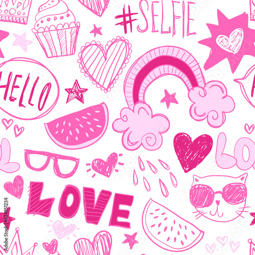 Seamless pattern with hearts, cat and hearts. Cool texture background. Wallpaper for teenager girls. Fashion style