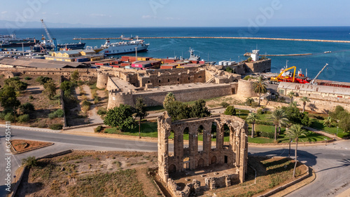 Famagusta, Northern Cyprus - Aerial view of Famagusta (Gazimagusa), View on the Famagusta Port from The Old town wall of Famagusta , Palm Beach, Othello castle