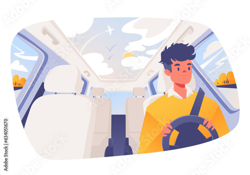 Vector illustration with young man behind wheel traveling on highways and country roads in his car. Car interior, cars inside. Elements of interior - passenger seats, steering wheel. 