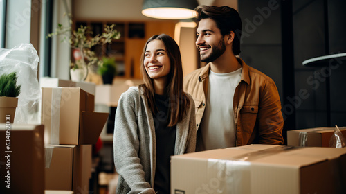 Happy young couple with card board moving boxes, in their new house or apartment. Concept of moving day or starting a life together. Shallow field of view. © henjon