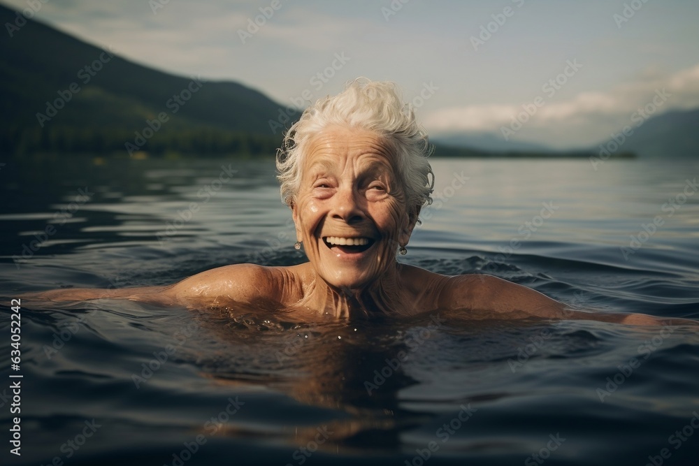 Portrait of an Older Woman Enjoying a Swim in the Lake, Generative Ai