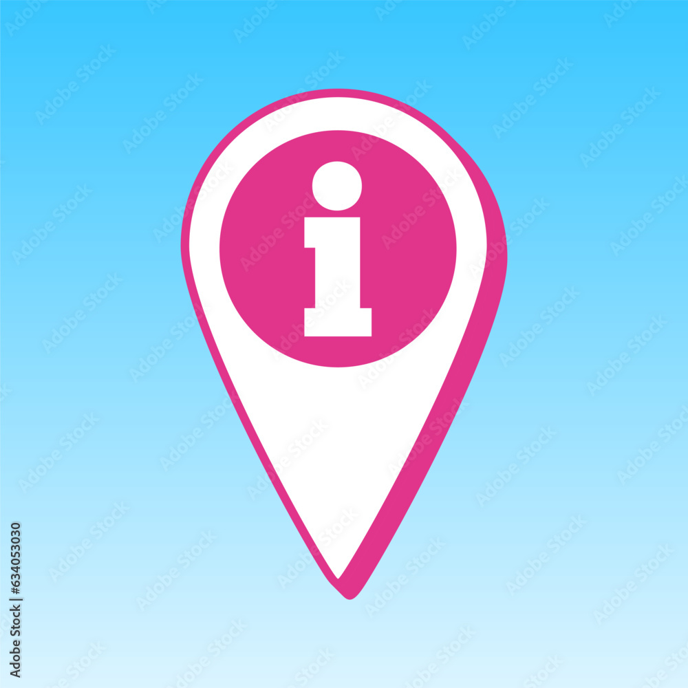 Map pointer with information sign. Cerise pink with white Icon at picton blue background. Illustration.