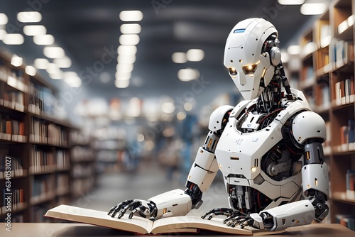 ai robot reading book in library,Generative ai. photo