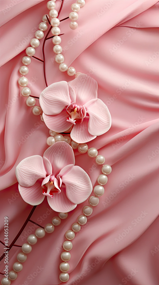 Decorative and luxurious volumetric composition of undulating silk with flower and pearls. AI generated Decorative and luxurious volumetric composition of undulating silk with flower and pearls. AI generated