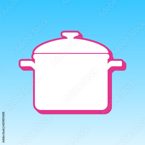 Cooking pan sign. Cerise pink with white Icon at picton blue background. Illustration.