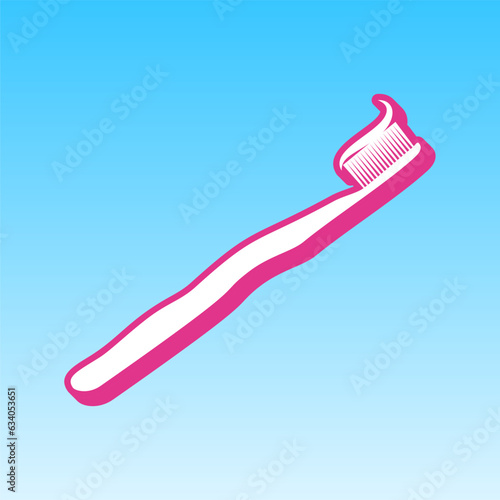 Toothbrush with applied toothpaste portion. Cerise pink with white Icon at picton blue background. Illustration.