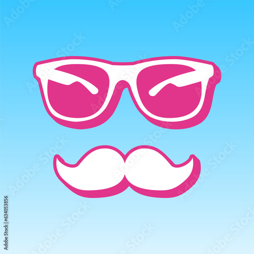 Mustache and Glasses sign. Cerise pink with white Icon at picton blue background. Illustration. © asmati