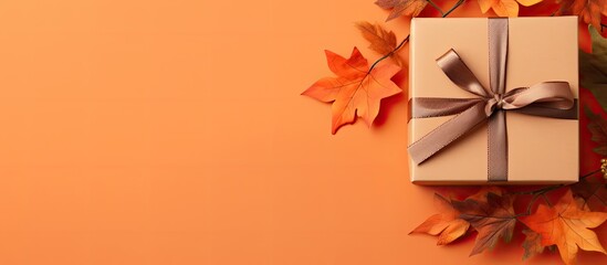 Top view of fall themed handmade paper gift box on orange background with copy space