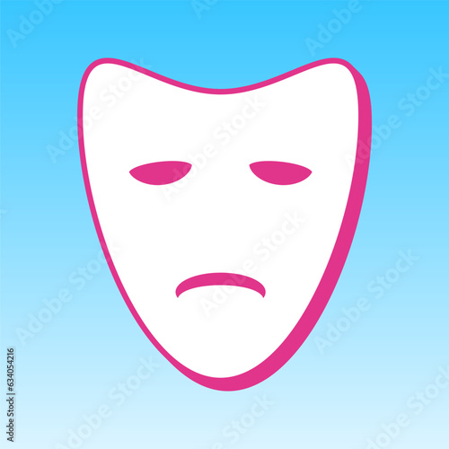 Tragedy theatrical masks. Cerise pink with white Icon at picton blue background. Illustration.