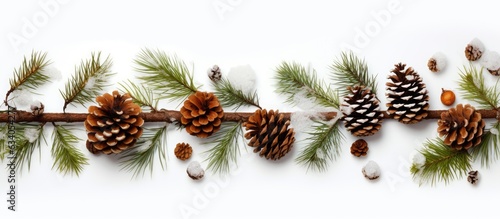 Snow covered fir tree branches with pine cones on white backdrop
