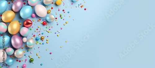 Top view photograph of Easter themed objects such as bunny ears colorful eggs and sprinkles on a light blue background with empty space for text
