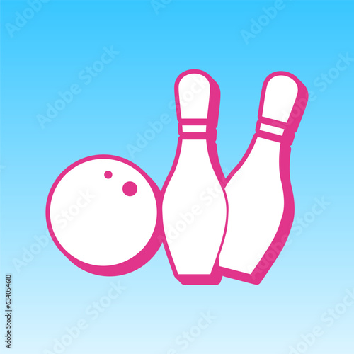 Bowling sign illustration. Cerise pink with white Icon at picton blue background. Illustration.