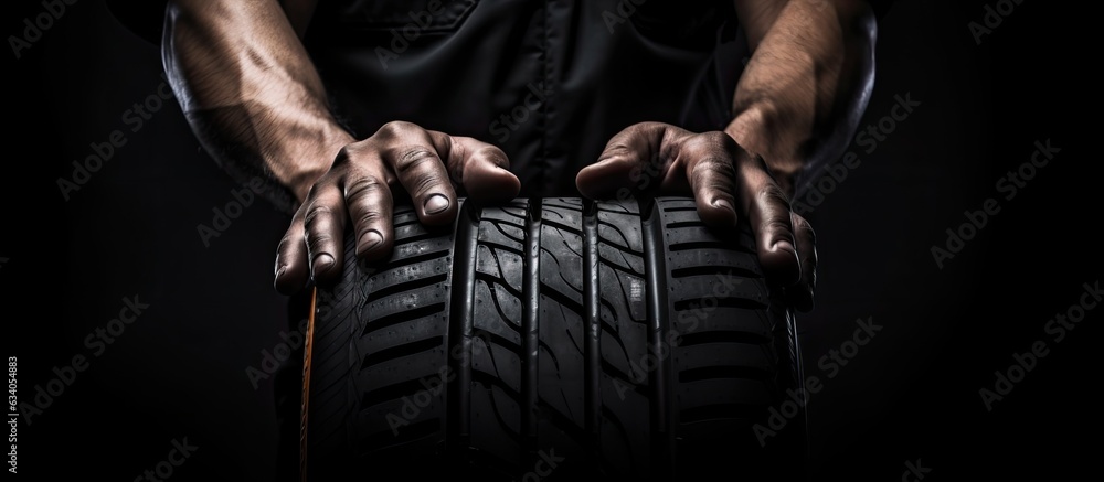 Mechanic replacing tire on black background with text space
