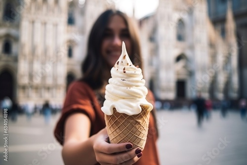 Woman Enjoying a Delicious Ice Cream Cone, Generative Ai