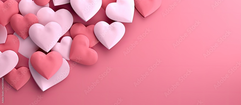 Overhead view of pink background with paper heart for Valentine s Day