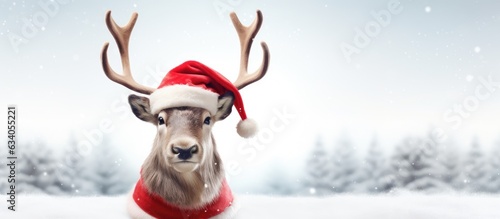 Print op canvas 3D Illustration of reindeer with red nose and Santa hat against white backdrop