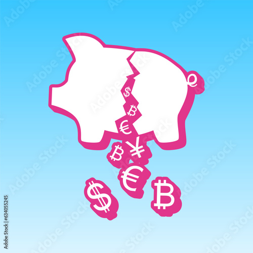 Pig money bank sign. Cerise pink with white Icon at picton blue background. Illustration.