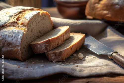 artisan bread on wooden table, generative ai photo