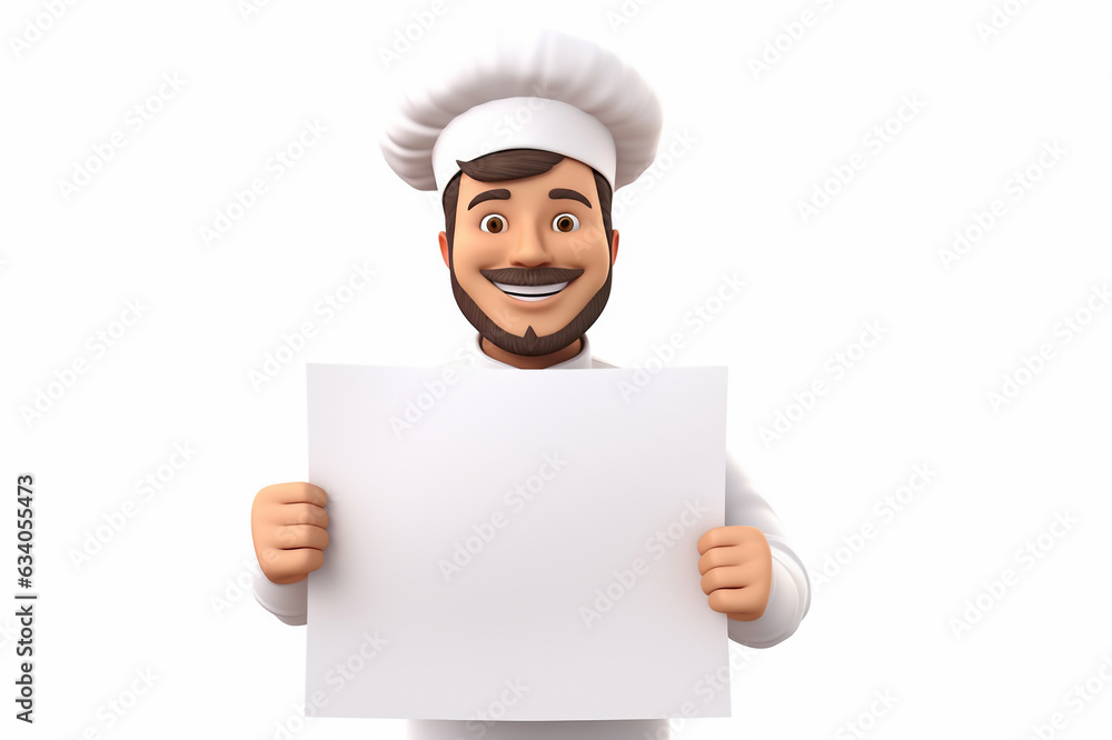 Funny 3D cook character with blank sheet of paper isolated on white background. Mockup with copy space for text. Generative AI. Funny 3D cook character with blank sheet of paper isolated on white background. Mockup with copy space for text. Generative AI.