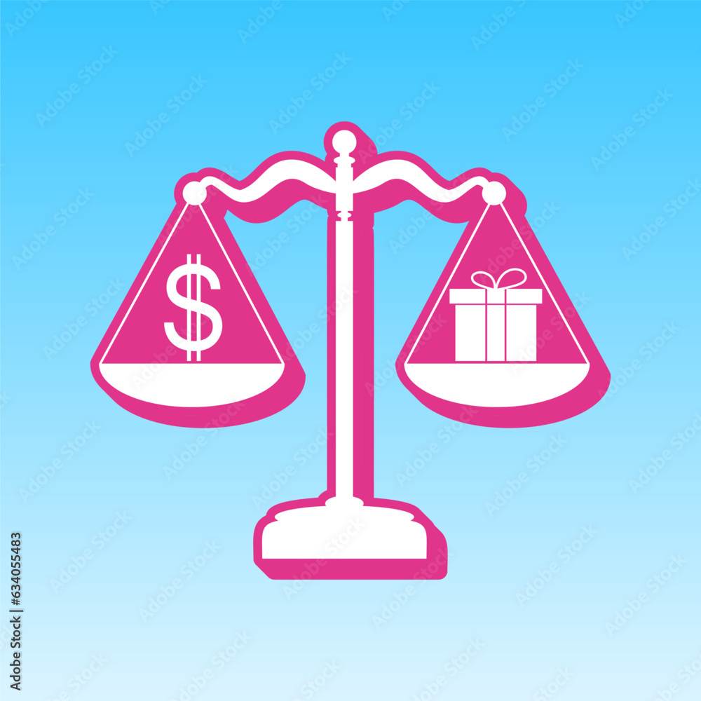 Gift and dollar symbol on scales. Cerise pink with white Icon at picton blue background. Illustration. Gift and dollar symbol on scales. Cerise pink with white Icon at picton blue background. Illustration.