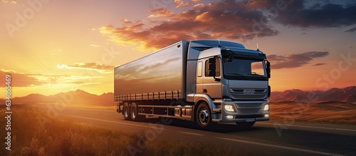 Truck carrying cargo with sunset background copy space