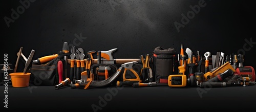 Banner with construction tools on black background for home improvement purposes