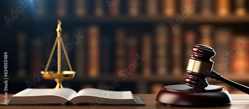 Billede på lærred Wooden judges gavel and open law book in a courtroom