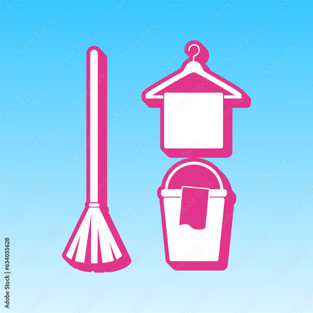 Broom, bucket and hanger sign. Cerise pink with white Icon at picton blue background. Illustration. Broom, bucket and hanger sign. Cerise pink with white Icon at picton blue background. Illustration.