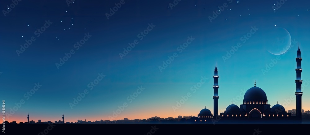 Islamic religious symbol silhouette of mosques dome and crescent moon against twilight sky with text space for Ramadan Eid al Adha Eid al Fitr and Mubarak
