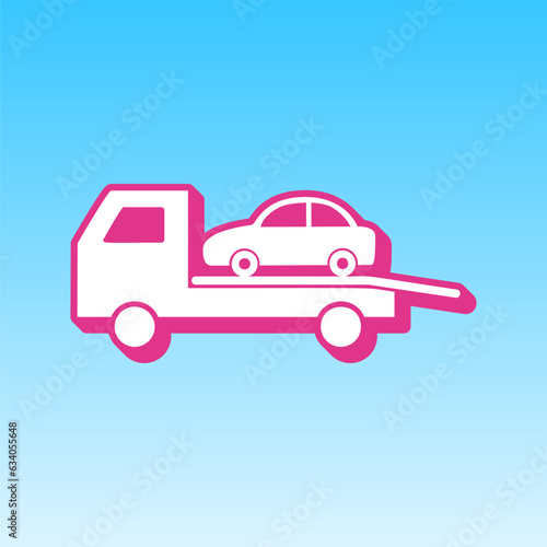 Tow car evacuation sign. Cerise pink with white Icon at picton blue background. Illustration.