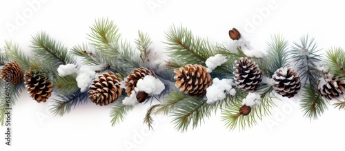 Snow covered fir tree branches with pine cones on white backdrop