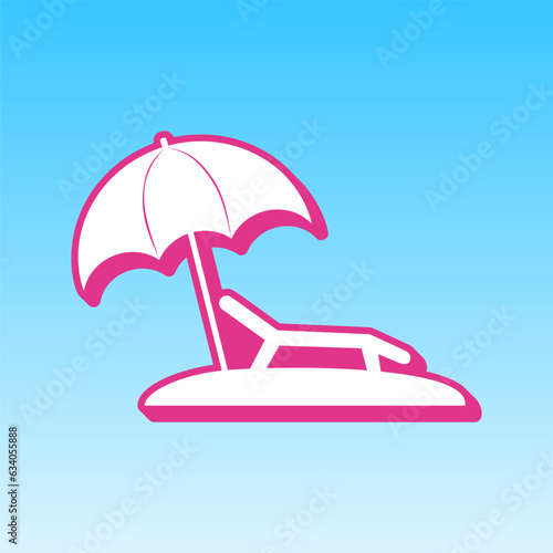 Tropical resort beach. Sunbed Chair sign. Cerise pink with white Icon at picton blue background. Illustration.