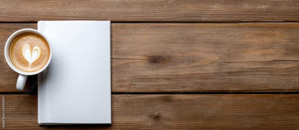 Notebook seen from above with coffee and light on wooden table Notebook seen from above with coffee and light on wooden table