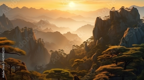 Beautiful Huangshan mountains landscape at sunrise in China. Generative AI © Fuji