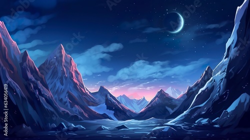 Snow peaks and glaciers on the dark sky landscape illustration. © MdKamrul